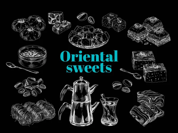 Doğulu tatlı tatlılar koleksiyonu, retro el çizimi vektör illüstrasyonu. — Stok Vektör
