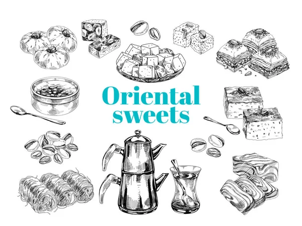 Collection de desserts orientaux sucrés, illustration vectorielle rétro dessinée à la main. — Image vectorielle