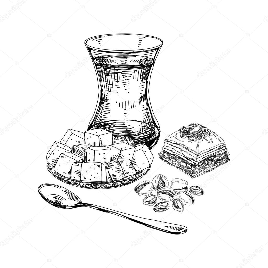 Traditional glass of turkish tea and oriental sweet desserts, retro hand drawn vector illustration.
