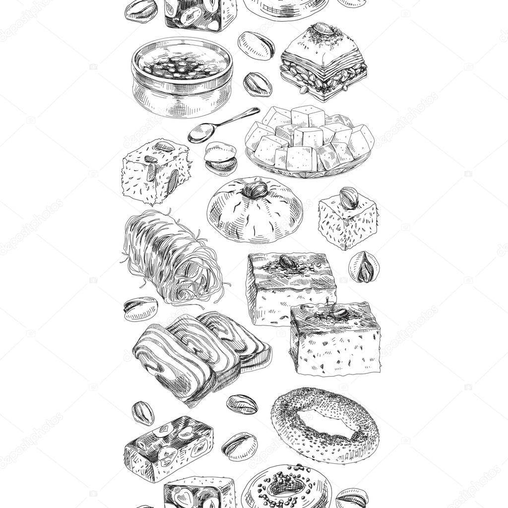 Seamless vertical pattern composition with oriental sweets, hand drawn retro vector illustration. Template for packaging design, vintage sketch engraving on white background.
