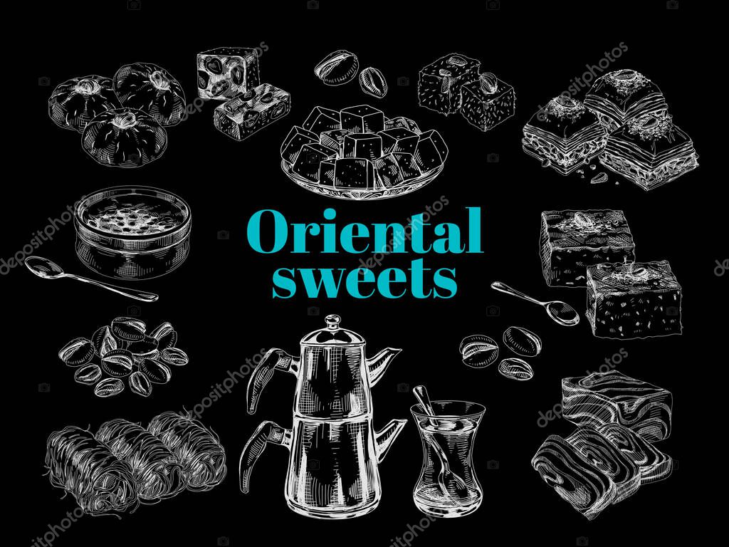Oriental sweet desserts collection, retro hand drawn vector illustration. Set of traditional turkish cookies, pastries and confection, vintage sketch engraving on chalkboard.