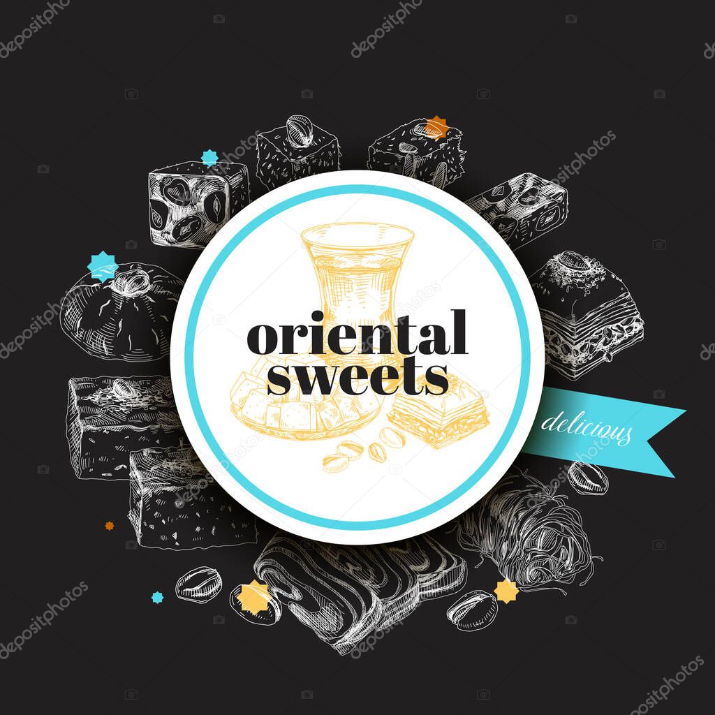 Circular frame for oriental sweets label, rounded by traditional cookies and pastries, retro hand drawn vector illustration. Template element for packaging design, vintage engraving sketch chalkboard.