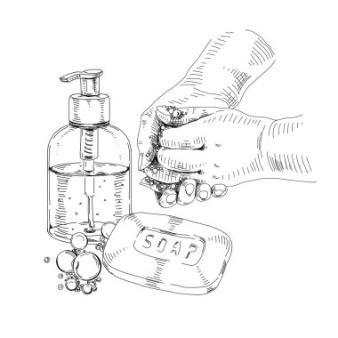 El yıkama ve dezenfeksiyon, retro el çizimi vektör çizimi.