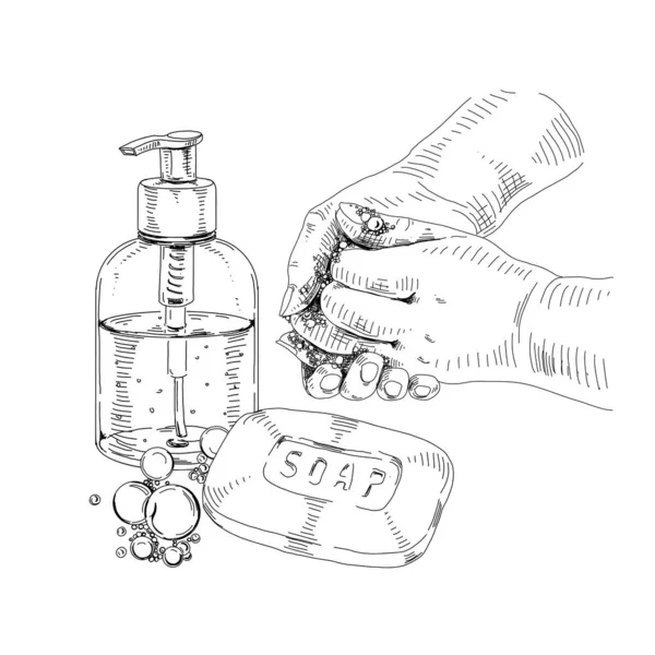 Πλύσιμο και απολύμανση χεριών, απεικόνιση φορέα με ρετρό σχέδια. — Διανυσματικό Αρχείο