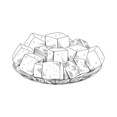 Lokum tabakta, oryantal tatlı, retro el çizimi vektör çizimi.