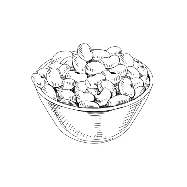 Cuenco lleno de frijoles de soya, ilustración vectorial retro dibujado a mano. — Vector de stock