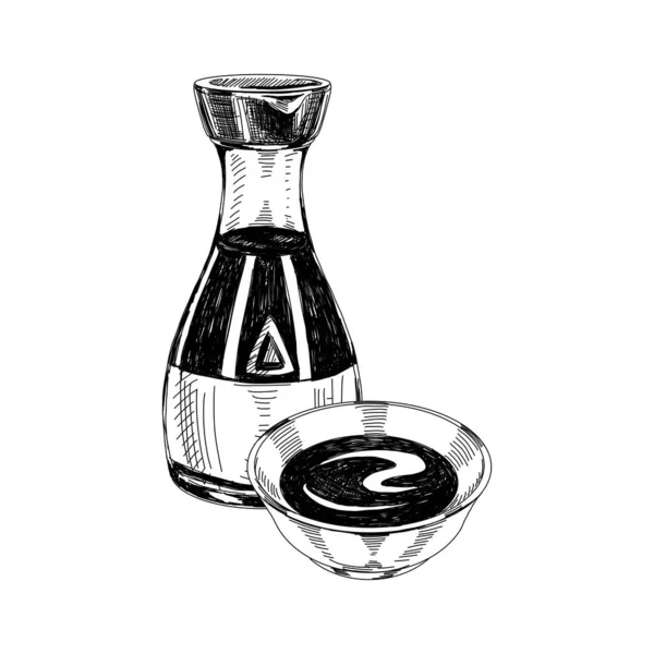 Sojasaus fles en kom, retro hand getekende vector illustratie. — Stockvector