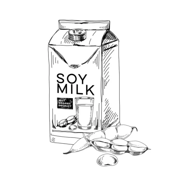 Paquete de leche de soja, ilustración vectorial dibujada a mano retro. — Vector de stock