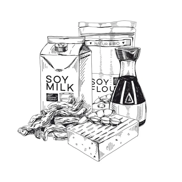 Samenstelling sojaproducten, retro met de hand getekend vectorillustratie. — Stockvector