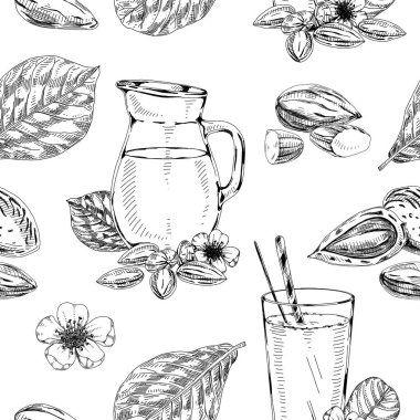 Badem ürünleri pürüzsüz arkaplan, retro el çizimi vektör çizimi.