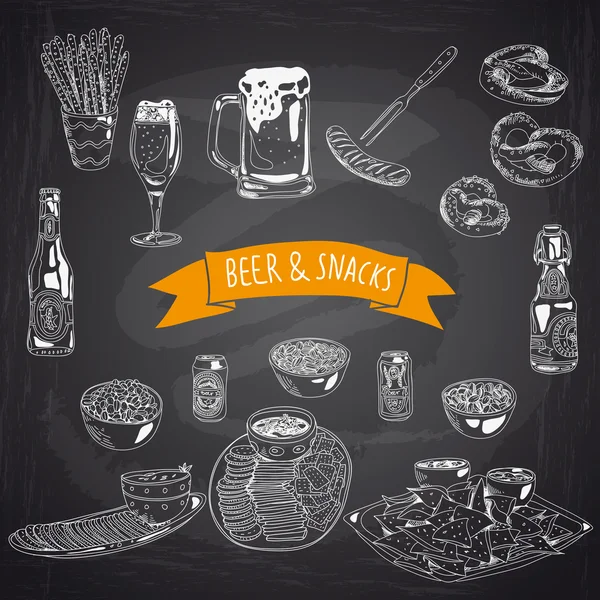 El vektör çizim çekilmiş. Bira ve aperatifler seti.