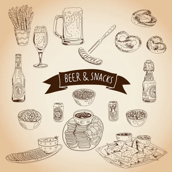 Ручной рисунок вектора. Набор для пива и закусок . — стоковый вектор