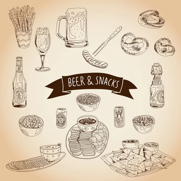El vektör çizim çekilmiş. Bira ve aperatifler seti.