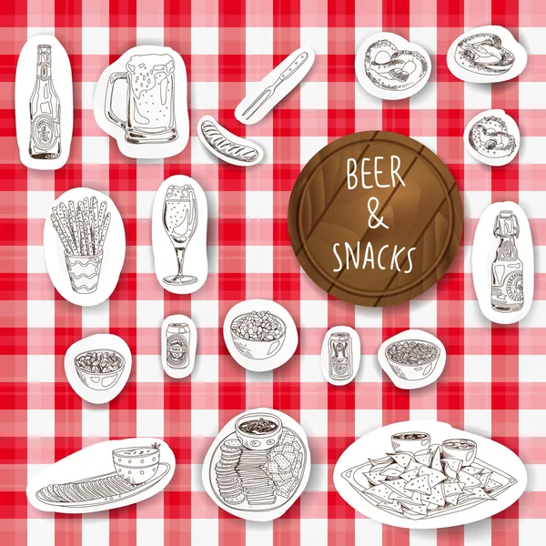 Illustrazione vettoriale disegnata a mano. Set di birre e snack . — Vettoriale Stock