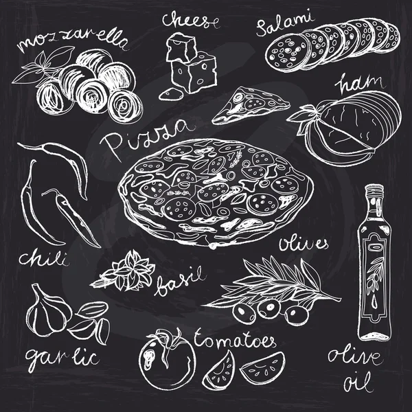 El vektör çizim çekilmiş. Pizza ayarlayın. Vintage.