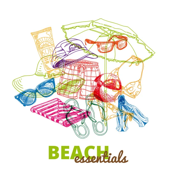 El vektör çizim çekilmiş. Beach essentials. 