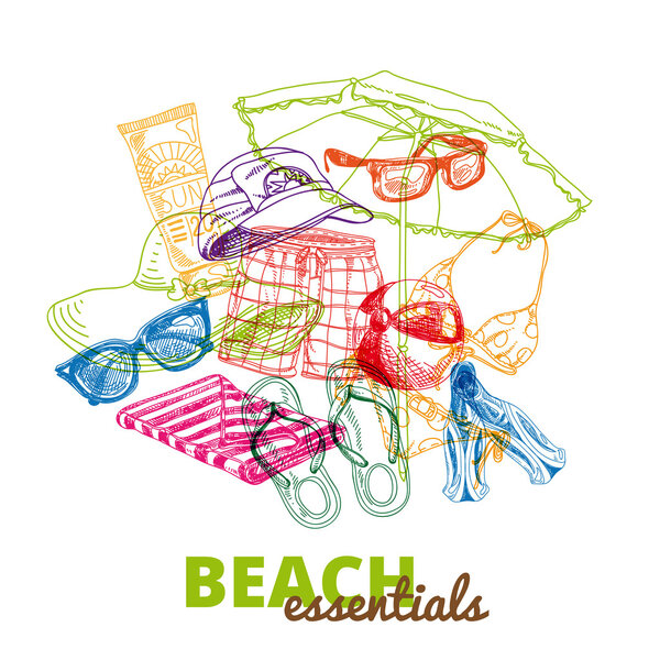 Hand drawn vector illustration. Beach essentials. 