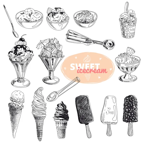 Ilustración vectorial dibujada a mano con helado. Vintage . — Vector de stock