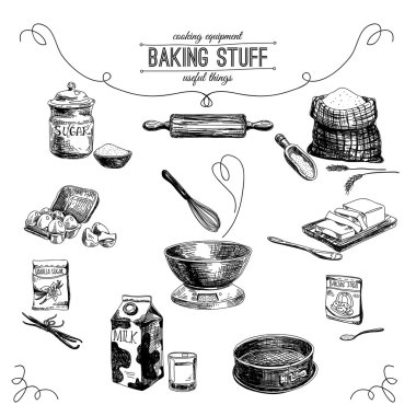 Vector hand drawn set. Vintage Illustration with baking stuff. clipart