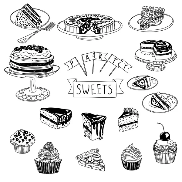 Vector hand drawn set with cakes and sweets. — Stok Vektör