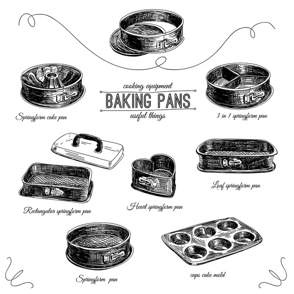 Vector hand getekende set met bakkerij pannen. — Stockvector