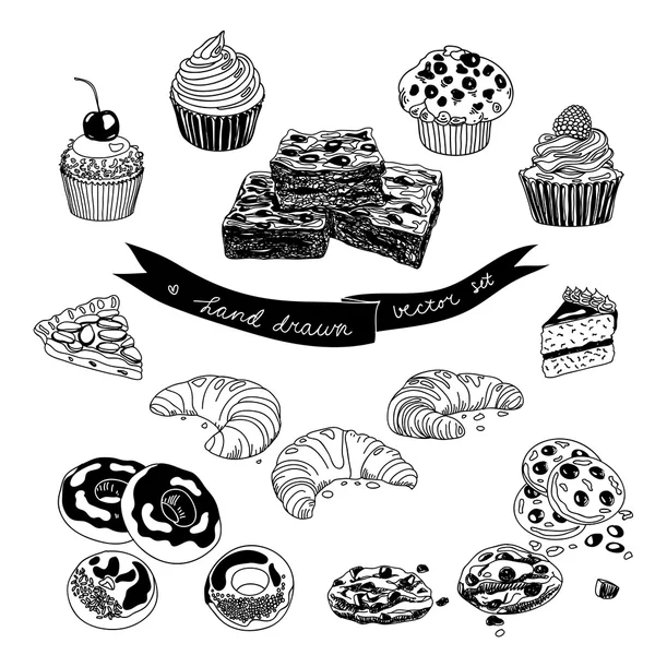 Vector hand drawn set with cakes and sweets. — Stok Vektör