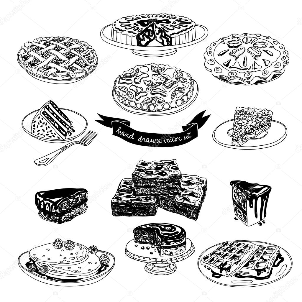 Vector hand drawn set with cakes and sweets.