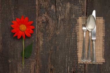 Meksika ayçiçeği ile eski masada çatal bıçak takımı