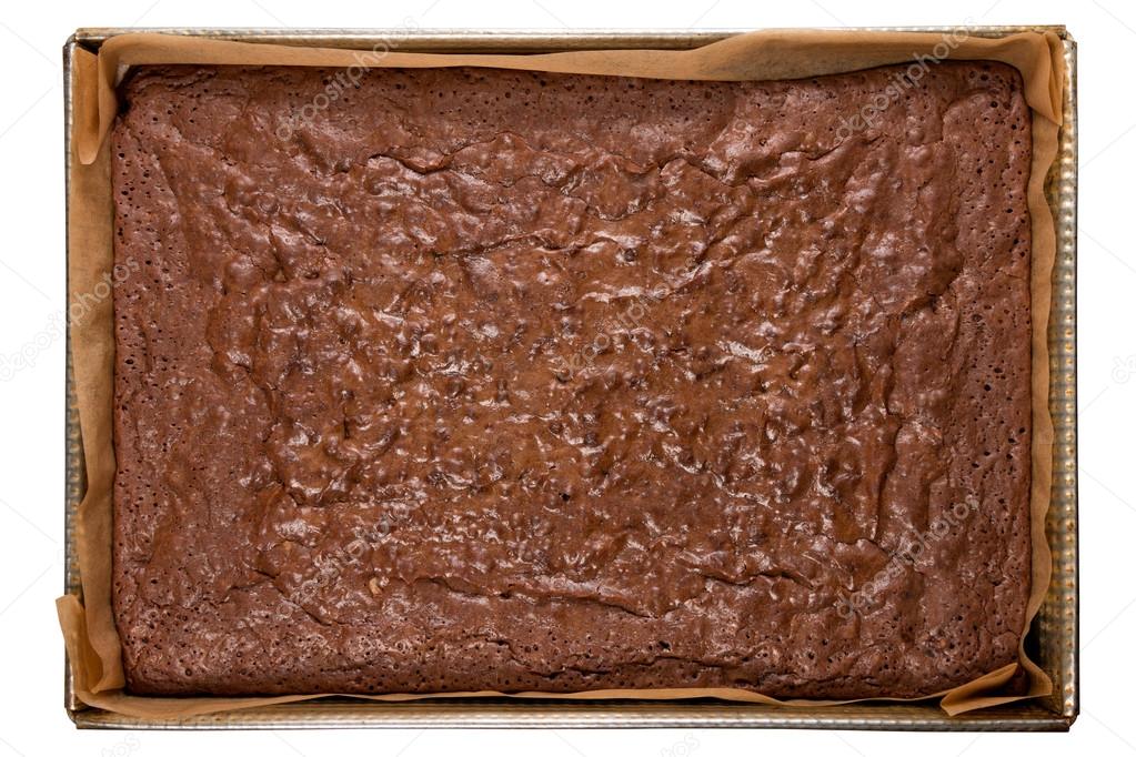 Freshly baked brownies in a backing tray, with clipping path