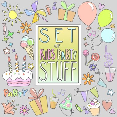 Kids parti sayfalar kümesi. Çok renkli tatlılar