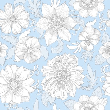 Mavi bir arka plan üzerinde ayrıntılı çiçek desenli