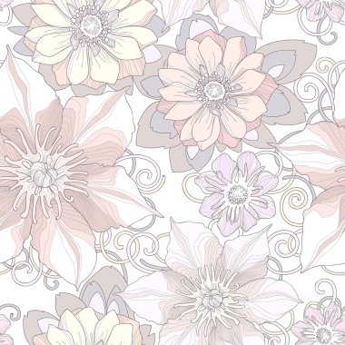 Seamless pattern of botanical flowers and petals.