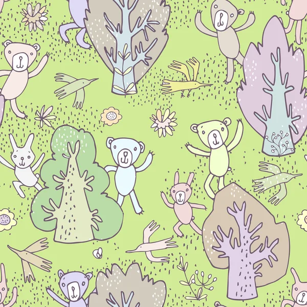 Roztomilý kreslený lesní zvířata, stromy a ptáci. — Stockový vektor