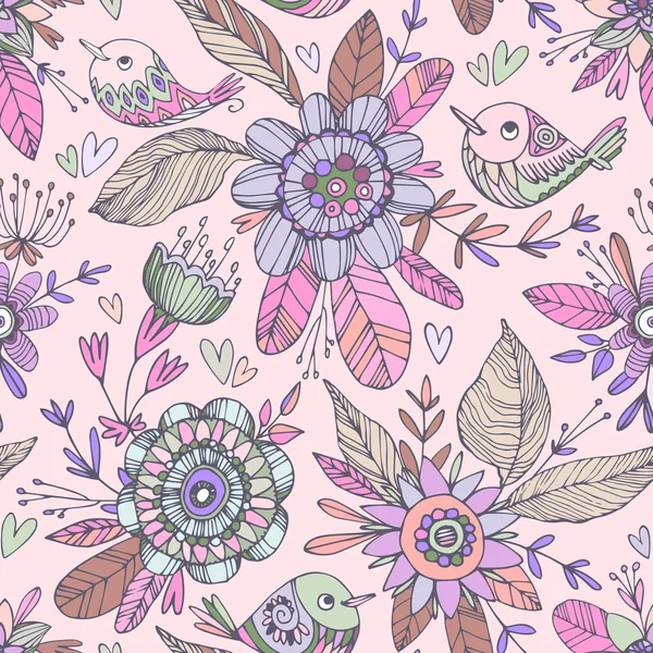 Seamless pattern with birds and flowers — Stock Vector