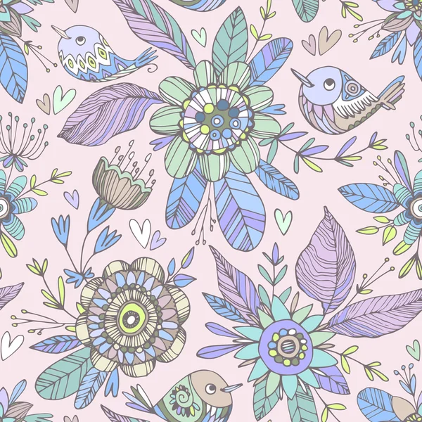 Seamless pattern with birds and flowers — Stock Vector