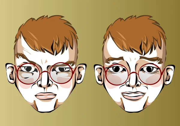 Illustration of different facial expressions of a man with red hair and glasses with a beard. — Stock Vector