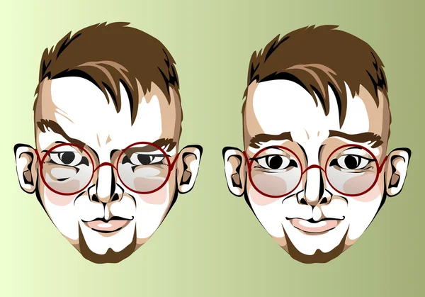 Ілюстрація різних виразів обличчя чоловіка з коричневим волоссям, круглі окуляри — стоковий вектор