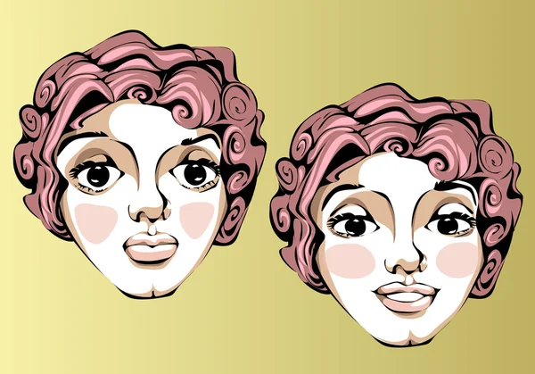 Illustratie van verschillende gezichtsuitdrukkingen van een vrouw met roze haren. Vectorbeelden