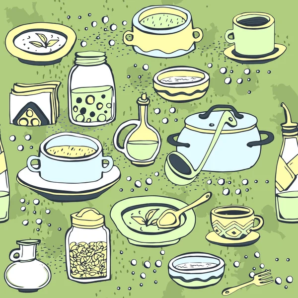 Bezešvé vzor s nádobí a potraviny. — Stockový vektor