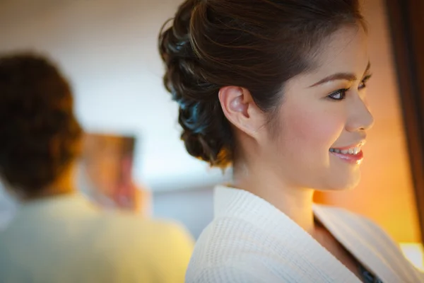 Woman makeup dress mirror Beautiful smile teen concept