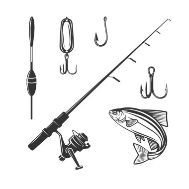 Balıkçılık temalı bir tasarım için olta takımı ile tek renkli resimleme.