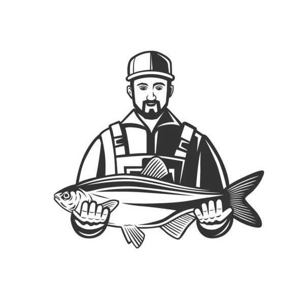 Monochrome Illustration Mit Einem Fischer Mit Einem Fang Zum Design — Stockvektor
