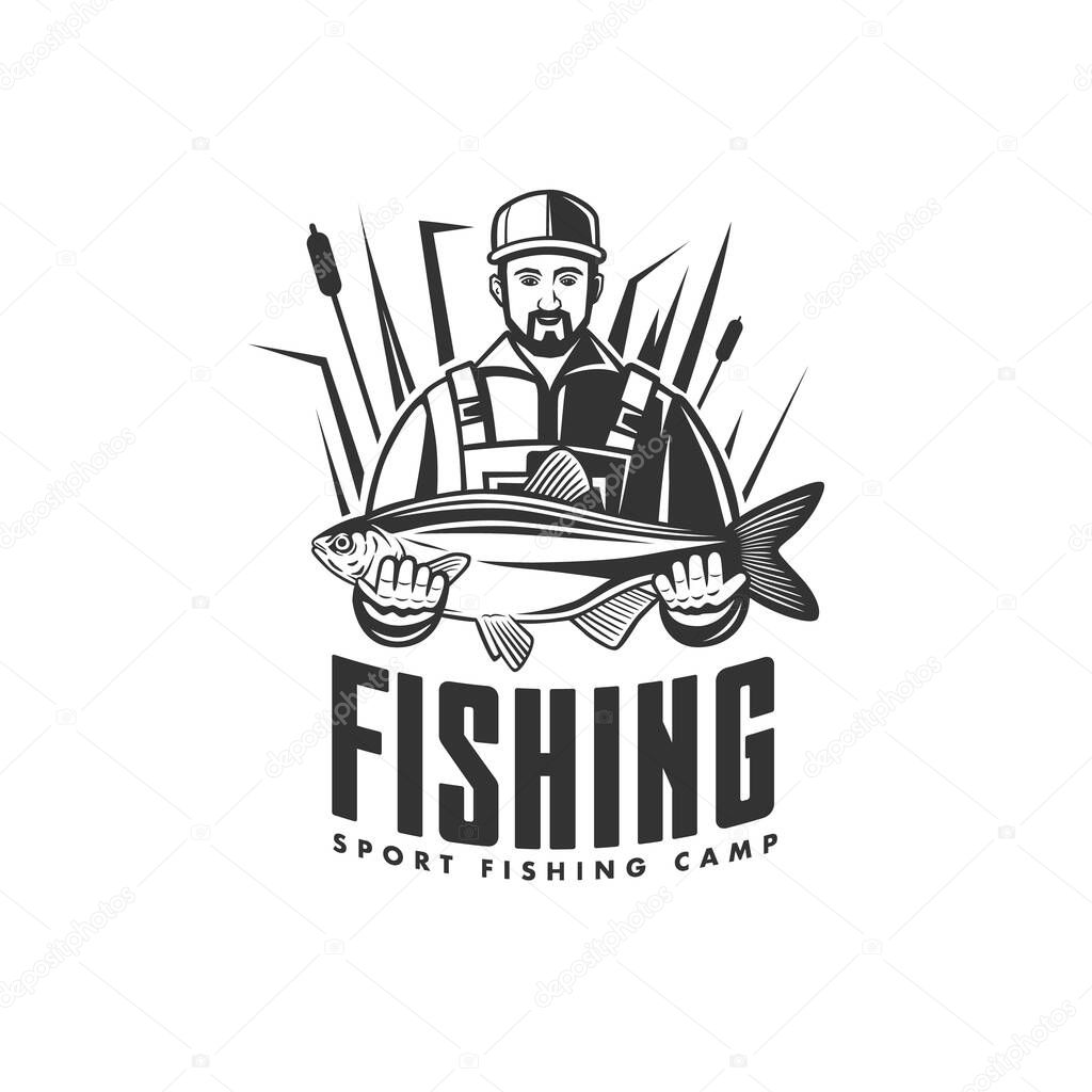 Monochrome illustration with a fisherman with a catch for design on a fishing theme.