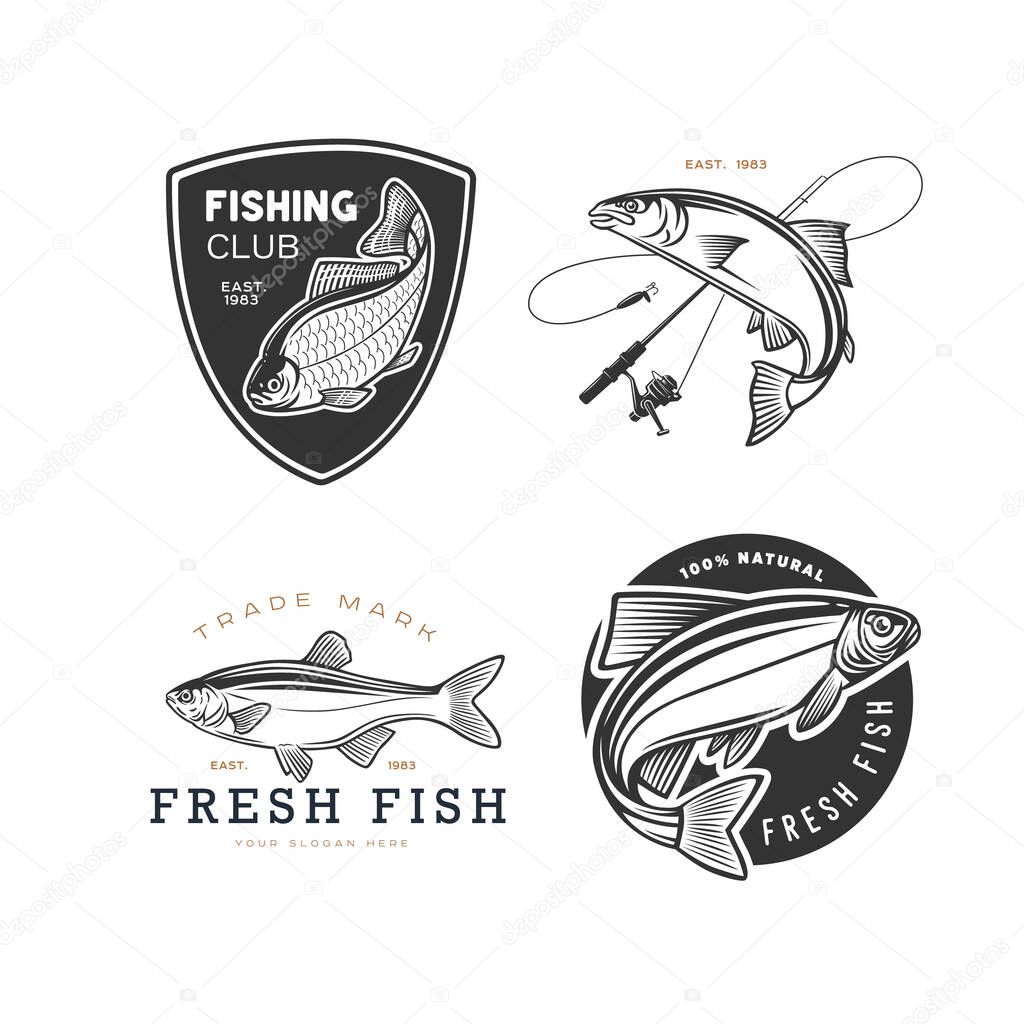Monochrome illustration with a fish logos for design on a fishing theme.