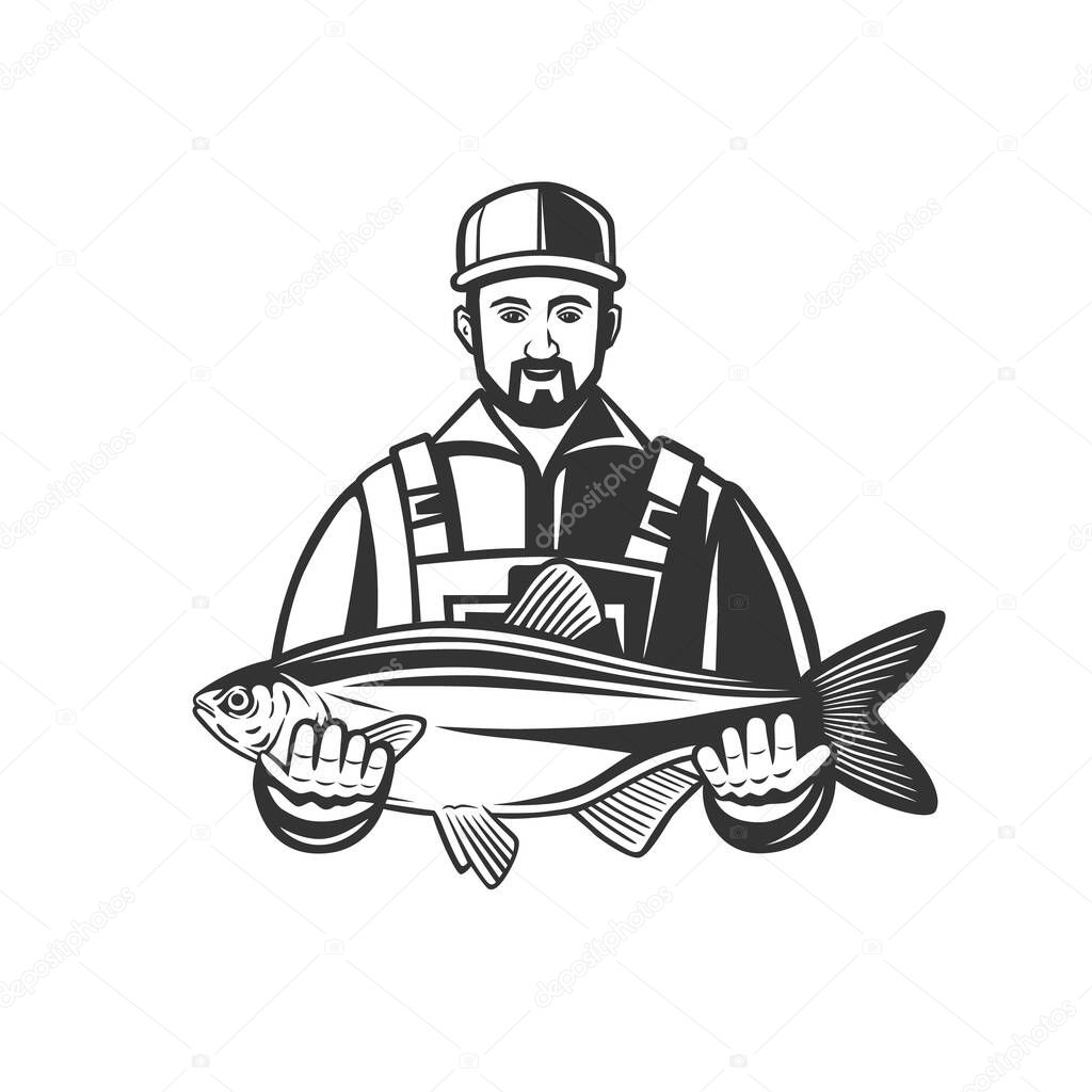 Monochrome illustration with a fisherman with a catch for design on a fishing theme.