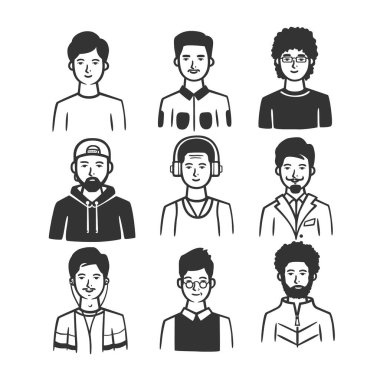 Farklı tipte adamlar. Vektör çizimi. Siyah ve beyaz vektör nesneleri.