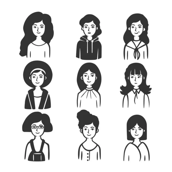 Conjunto Diferentes Tipos Mulheres Ilustração Vetorial Objetos Vetoriais Preto Branco — Vetor de Stock