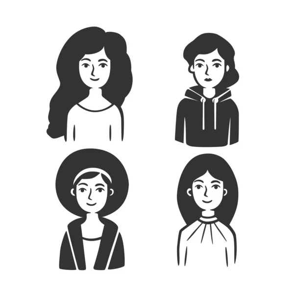 Conjunto Diferentes Tipos Mulheres Ilustração Vetorial Objetos Vetoriais Preto Branco — Vetor de Stock