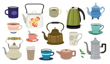 Beyaz arkaplanda çaydanlıkları ve fincanları olan renk çizimleri.