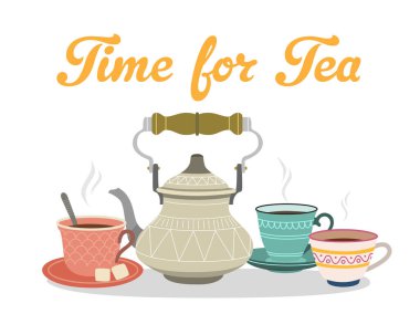 Çay zamanı. Çaydanlık ve fincanlarla renk çizimleri.